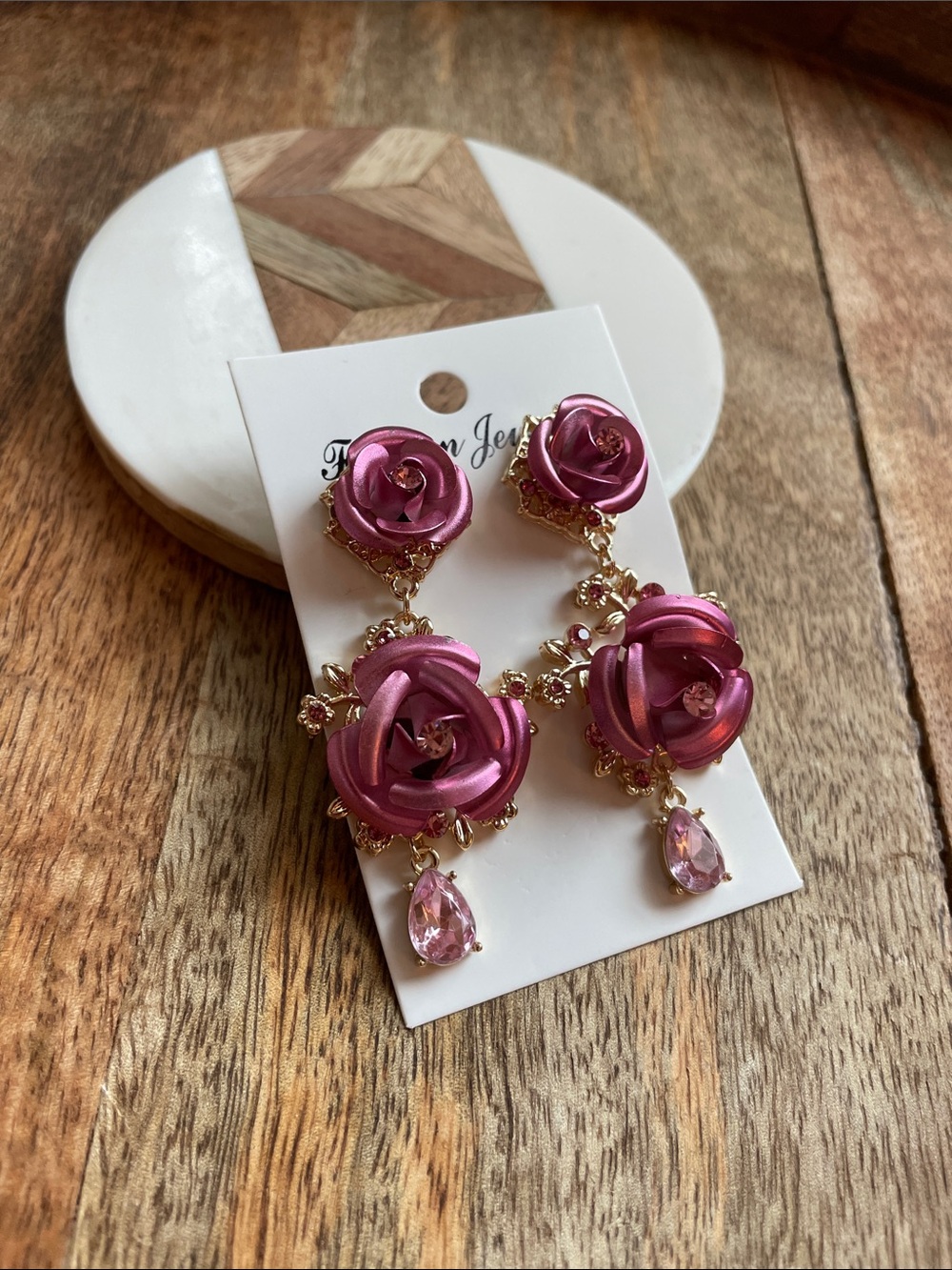 Women's Pink Rose Drop Earrings with Pink Crystal Teardrops